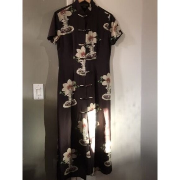 Harari 100% Silk Art Deco Japanese Print Maxi Dress Brown Size L made In US - Picture 2 of 7